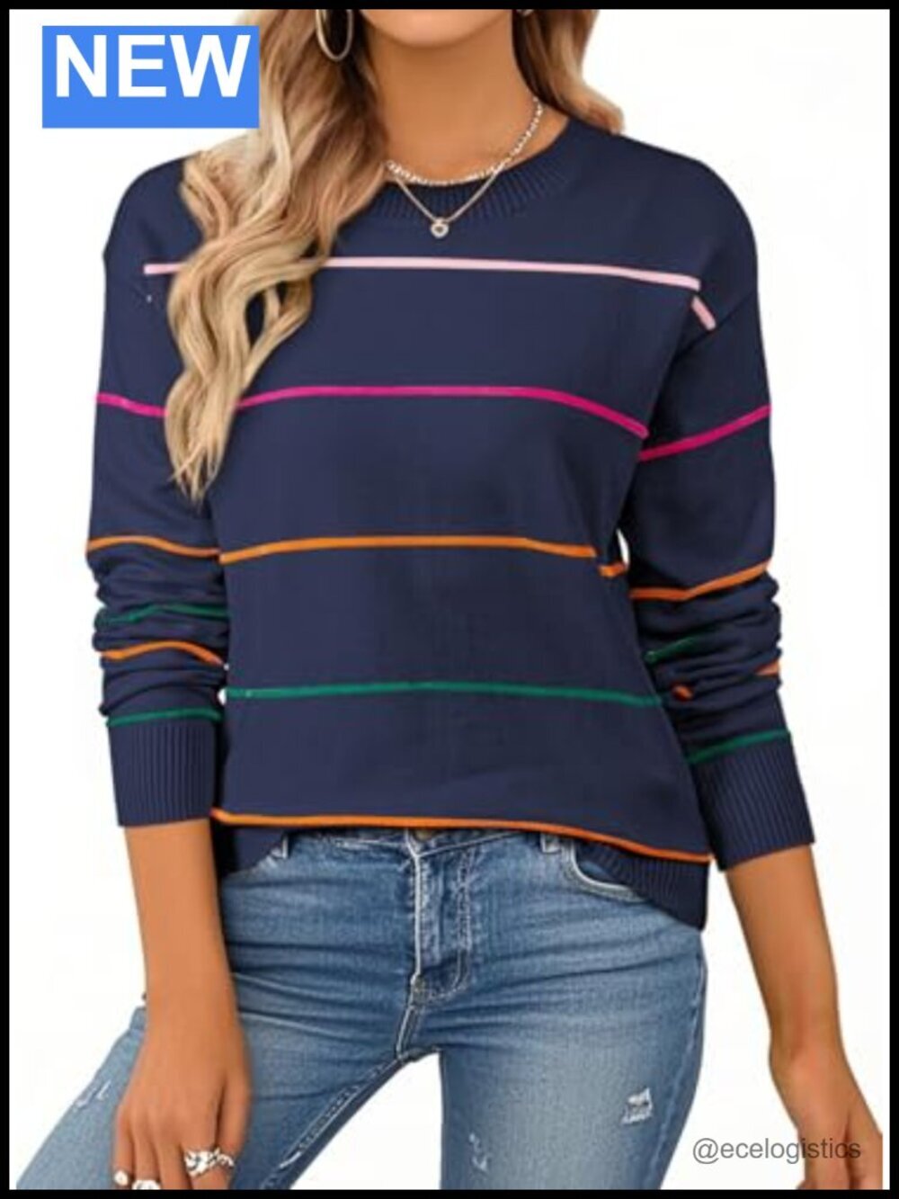 Viscose Blend Striped Crew Neck Long Sleeve Pullover Sweater